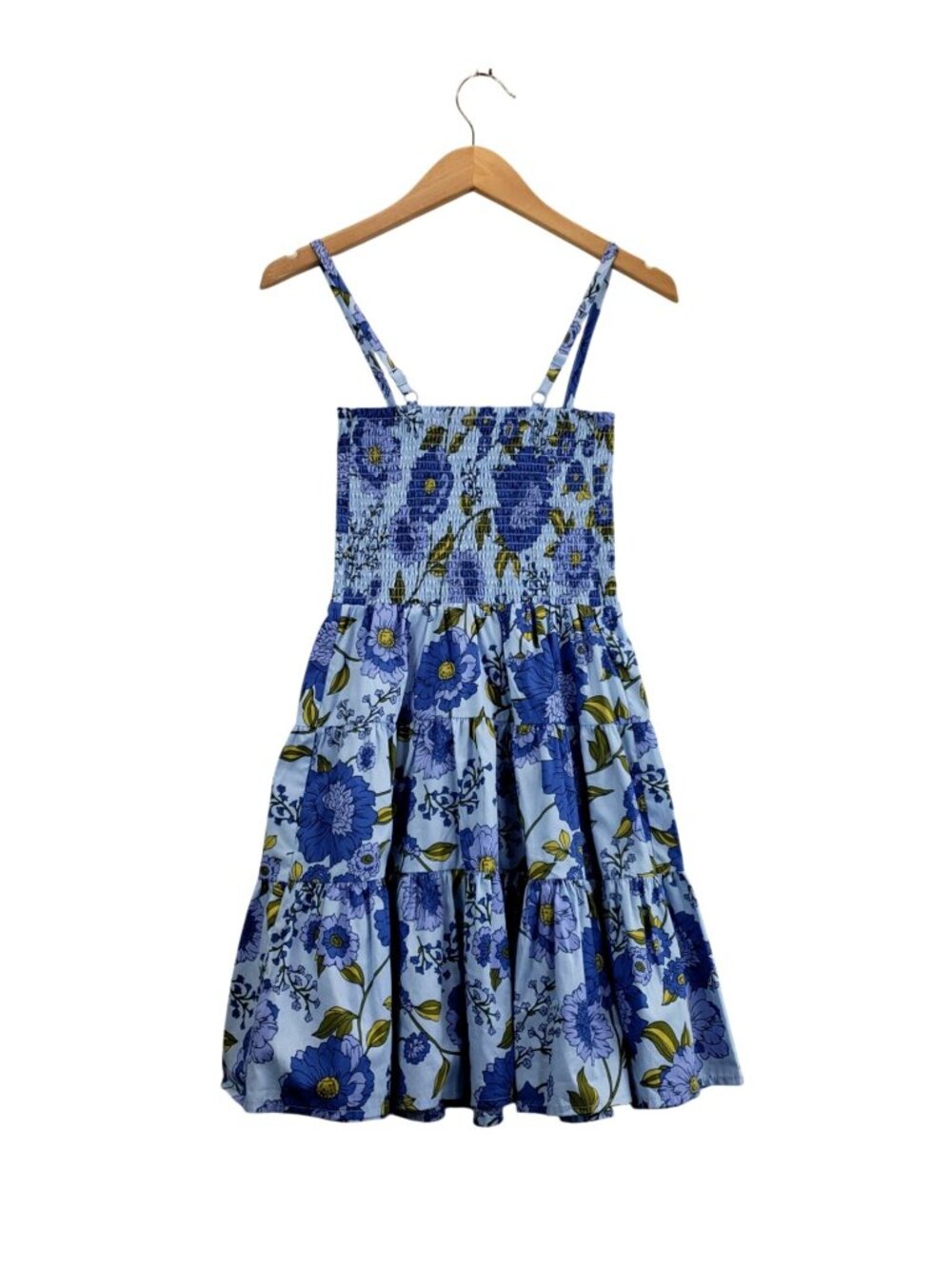 Blue Floral Sun Dress Mid-Thigh Mini XS Steve Madden Adjustable Straps Smocked - Picture 6 of 13